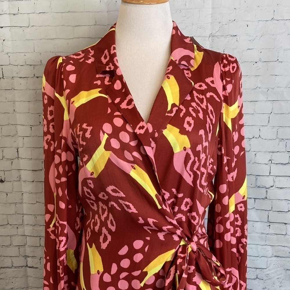 FARM RIO NWT Toucanissimo Long Sleeve Print Wrap Dress Sz Small Maximalist NEW - Picture 4 of 16